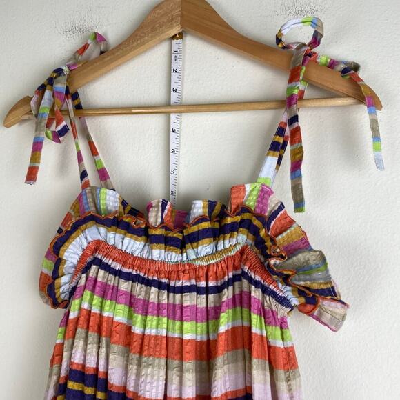Rue de la Lune Sabi Dress Size ML Pink Multi Ruffle Cotton Stripe Maxi Colorful - Picture 7 of 14
